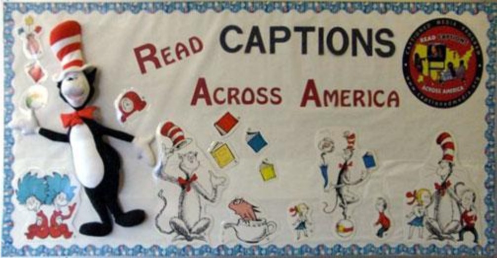 School bulletin board with several Dr. Seuss characters on it, with words Read Captions Across America.